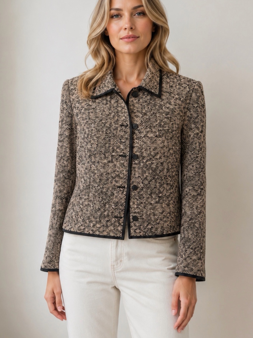 Tailored Brown Silk Jacket with Black‎ Trim
